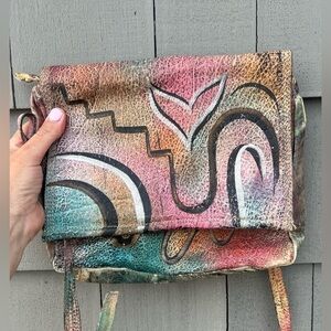 Vintage 90s The Animal Handpainted leather abstract graffiti crossbody flap bag